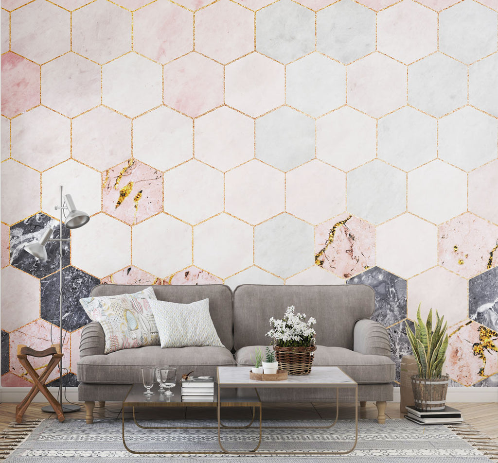 Pink Hexagon Marble Wallpaper : Gold Geometric Tile Pattern - View 4