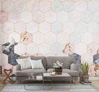 Pink Hexagon Marble Wallpaper : Gold Geometric Tile Pattern - View 4