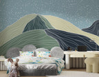 Line Art Mountains Wallpaper : Sage and Navy Hills Mural - View 3