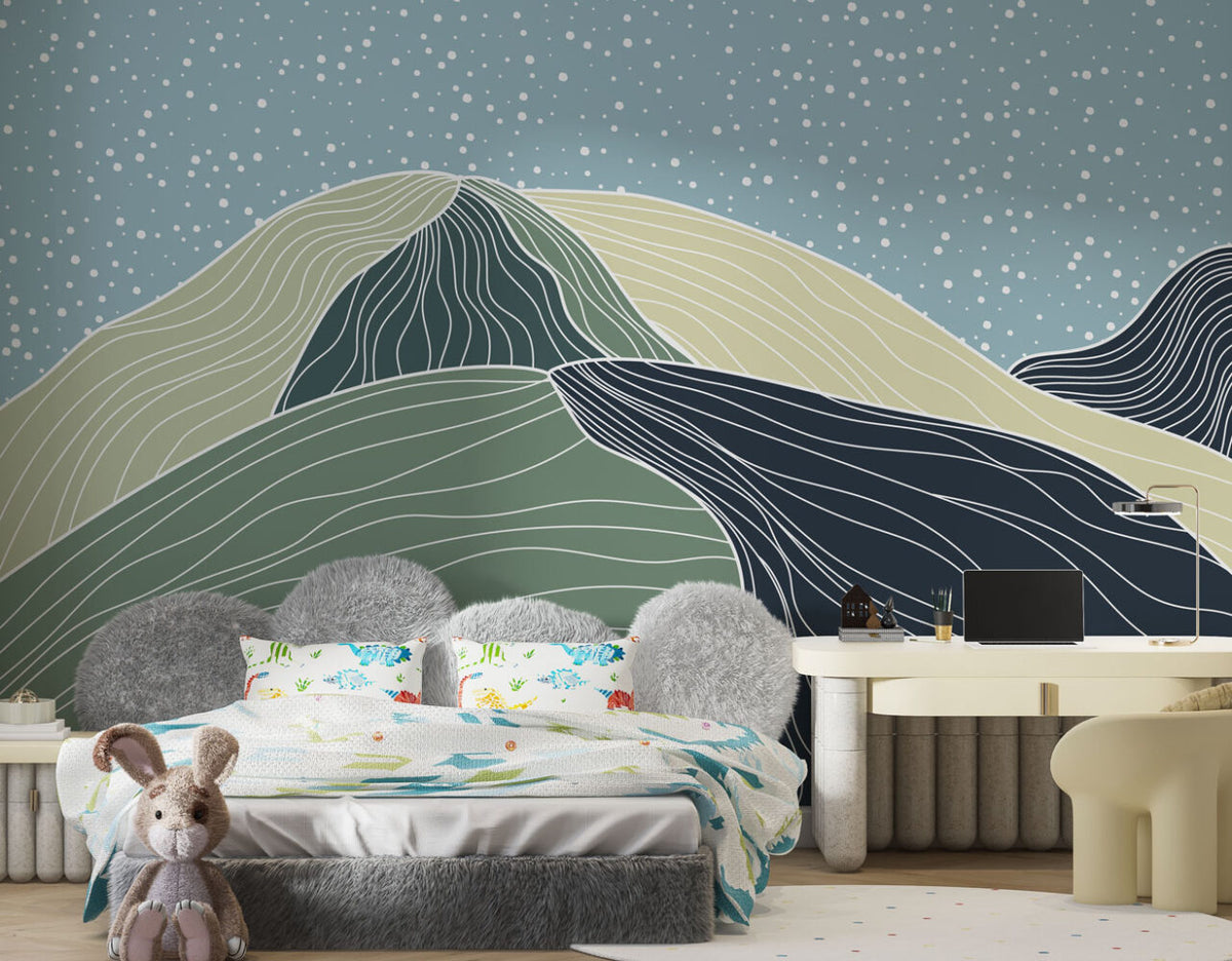 Line Art Mountains Wallpaper : Sage and Navy Hills Mural - View 3