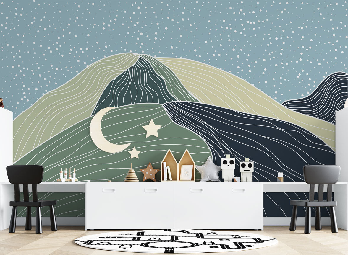 Line Art Mountains Wallpaper : Sage and Navy Hills Mural - View 4