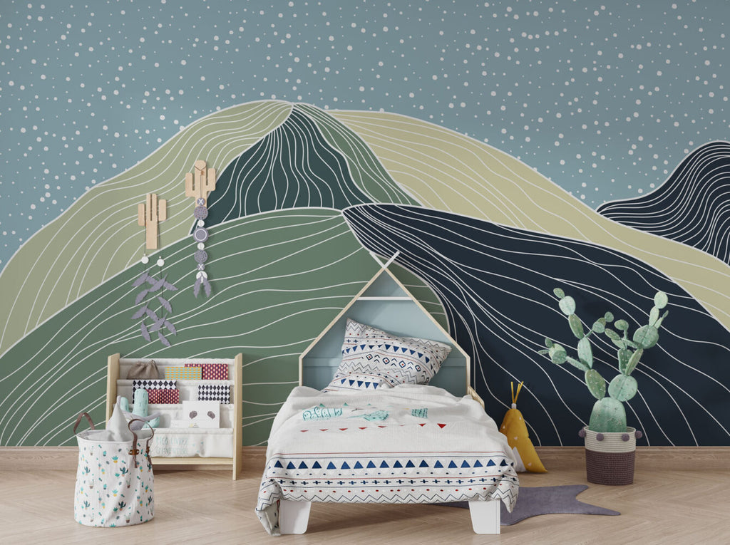 Line Art Mountains Wallpaper : Sage and Navy Hills Mural