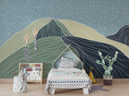 Line Art Mountains Wallpaper : Sage and Navy Hills Mural