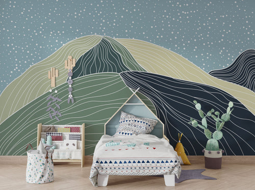 Line Art Mountains Wallpaper : Sage and Navy Hills Mural
