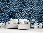 Navy Scallop Wallpaper : Watercolor Japanese Wave Pattern