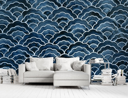 Navy Scallop Wallpaper : Watercolor Japanese Wave Pattern