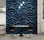 Navy Scallop Wallpaper : Watercolor Japanese Wave Pattern - View 4