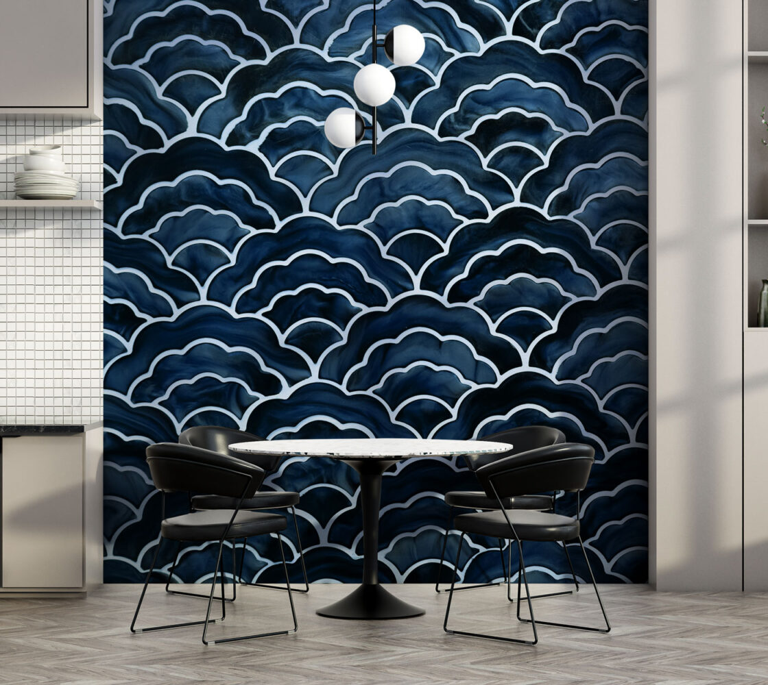 Navy Scallop Wallpaper : Watercolor Japanese Wave Pattern - View 4