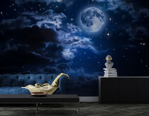 Moonlit Sky Wallpaper : Navy Night Clouds and Stars Mural