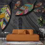 Boho Feather Leaf Wallpaper : Patterned Leaves on Grey Mural - View 2