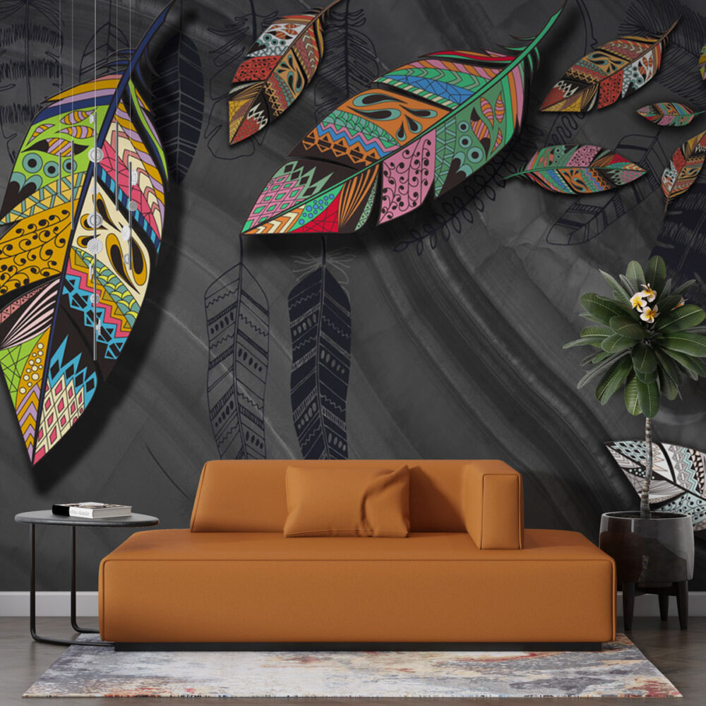 Boho Feather Leaf Wallpaper : Patterned Leaves on Grey Mural - View 2