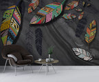 Boho Feather Leaf Wallpaper : Patterned Leaves on Grey Mural - View 3