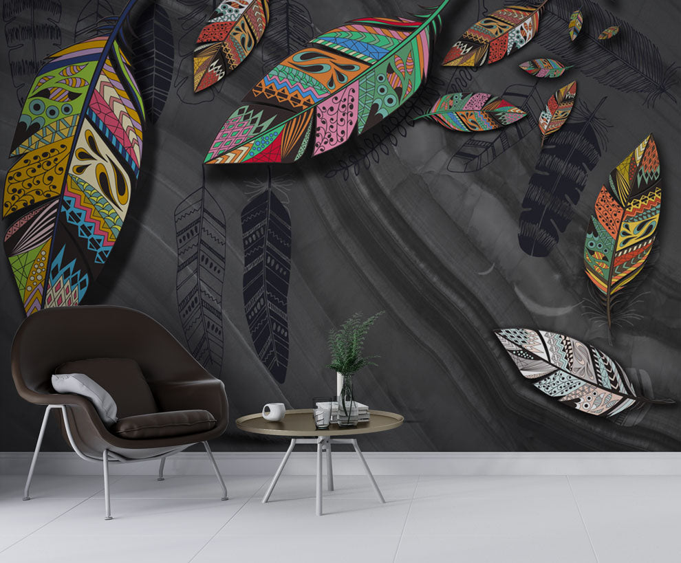 Boho Feather Leaf Wallpaper : Patterned Leaves on Grey Mural - View 3