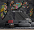 Boho Feather Leaf Wallpaper : Patterned Leaves on Grey Mural