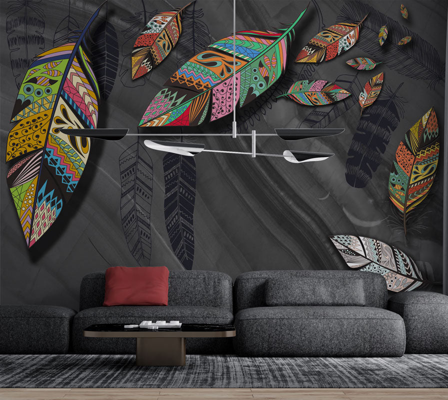 Boho Feather Leaf Wallpaper : Patterned Leaves on Grey Mural