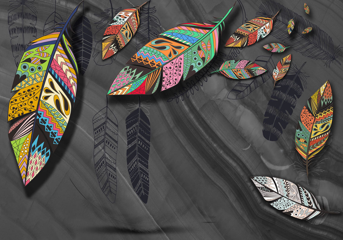 Boho Feather Leaf Wallpaper : Patterned Leaves on Grey Mural - flat design