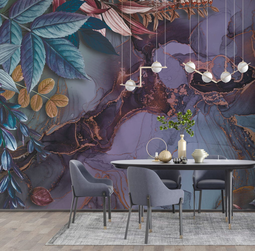 Plum Marble Wallpaper : Copper Vein Floral Mural