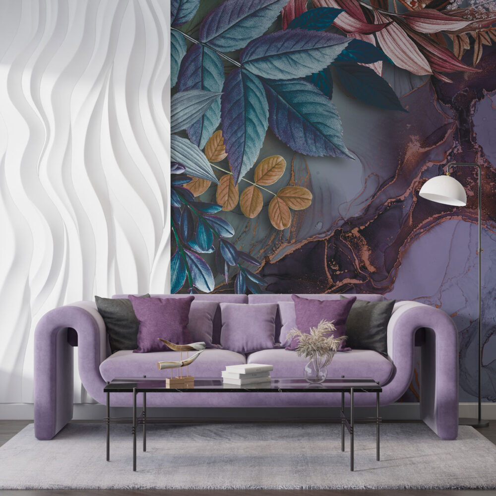 Plum Marble Wallpaper : Copper Vein Floral Mural - View 3