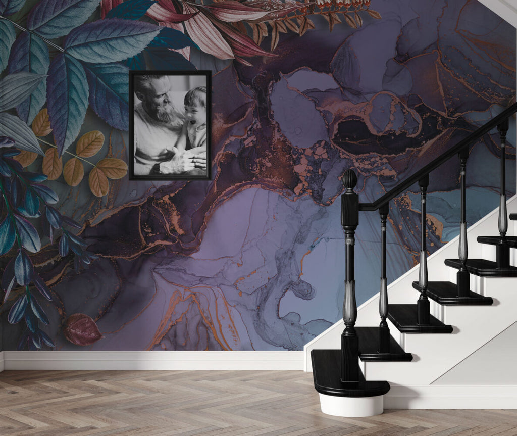Plum Marble Wallpaper : Copper Vein Floral Mural - View 4