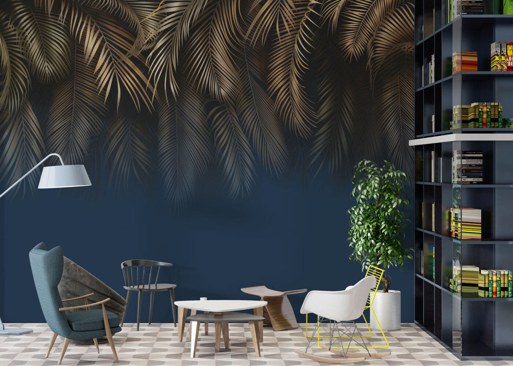 Navy Gold Palm Wallpaper : Hanging Tropical Leaves Mural