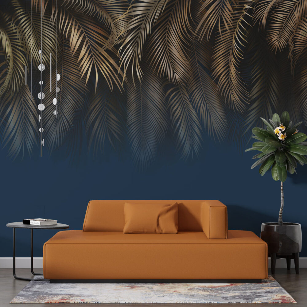 Navy Gold Palm Wallpaper : Hanging Tropical Leaves Mural - View 3