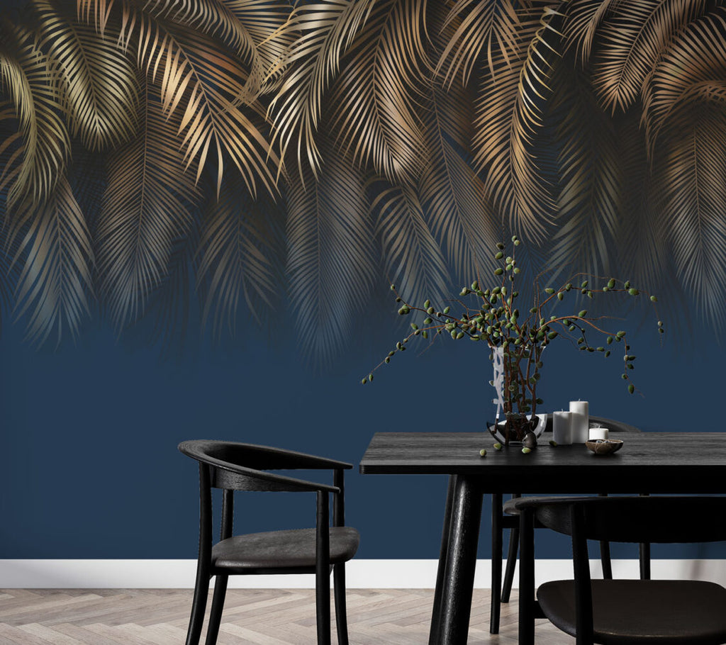 Navy Gold Palm Wallpaper : Hanging Tropical Leaves Mural - View 4