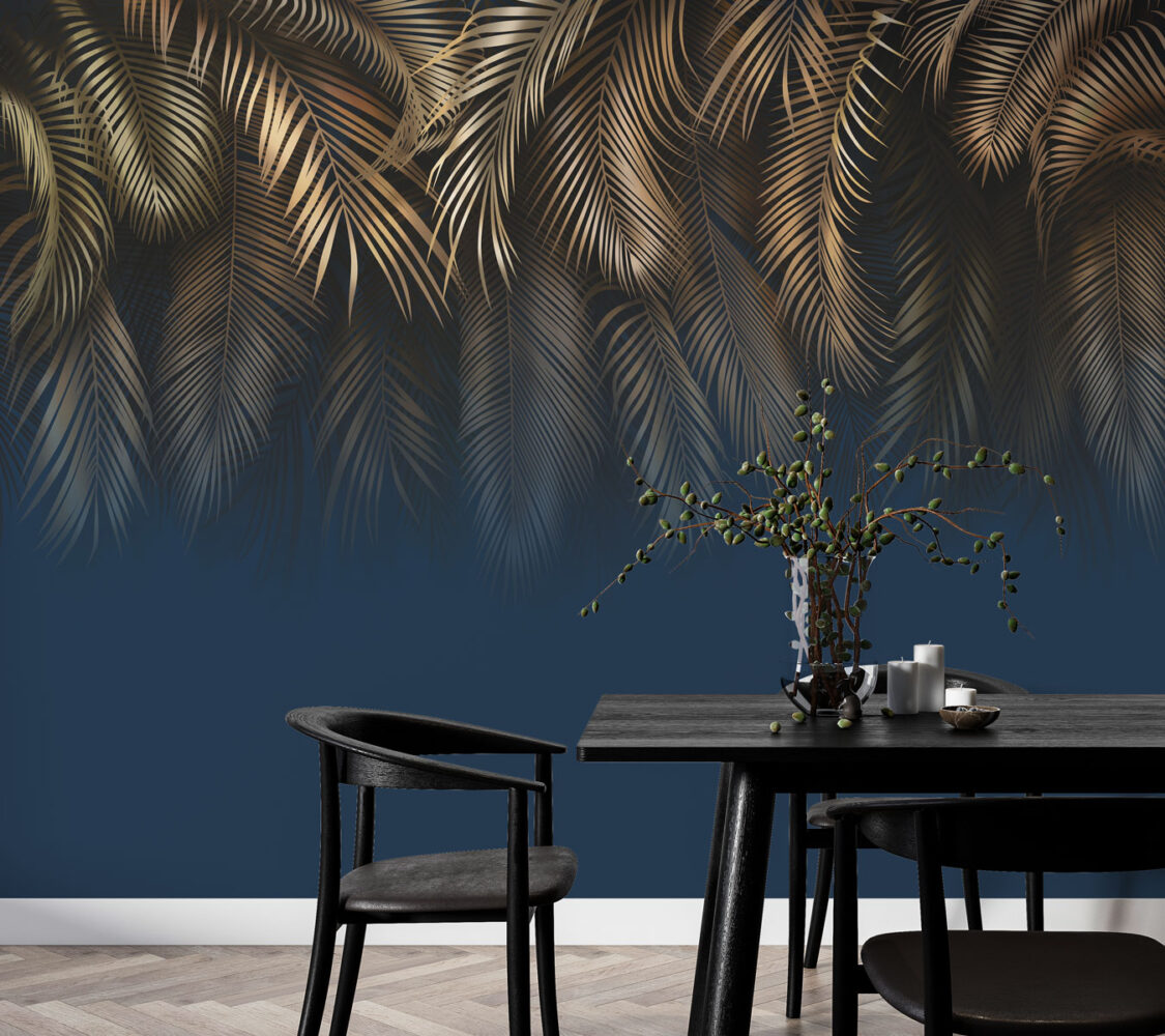 Navy Gold Palm Wallpaper : Hanging Tropical Leaves Mural - View 4