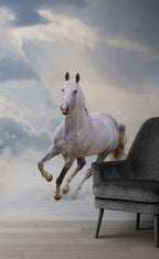 White Horse Wallpaper : Galloping Stallion in Clouds Mural - View 3