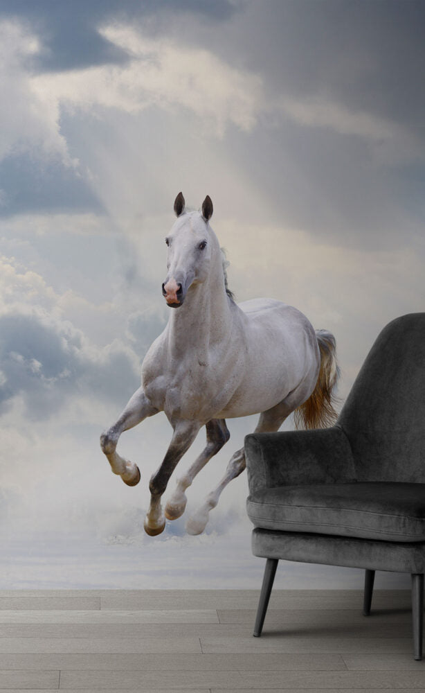 White Horse Wallpaper : Galloping Stallion in Clouds Mural - View 3