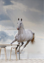 White Horse Wallpaper : Galloping Stallion in Clouds Mural