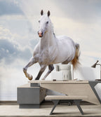 White Horse Wallpaper : Galloping Stallion in Clouds Mural - View 4
