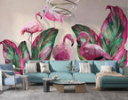 Pink Flamingo Wallpaper : Tropical Leaves Mural