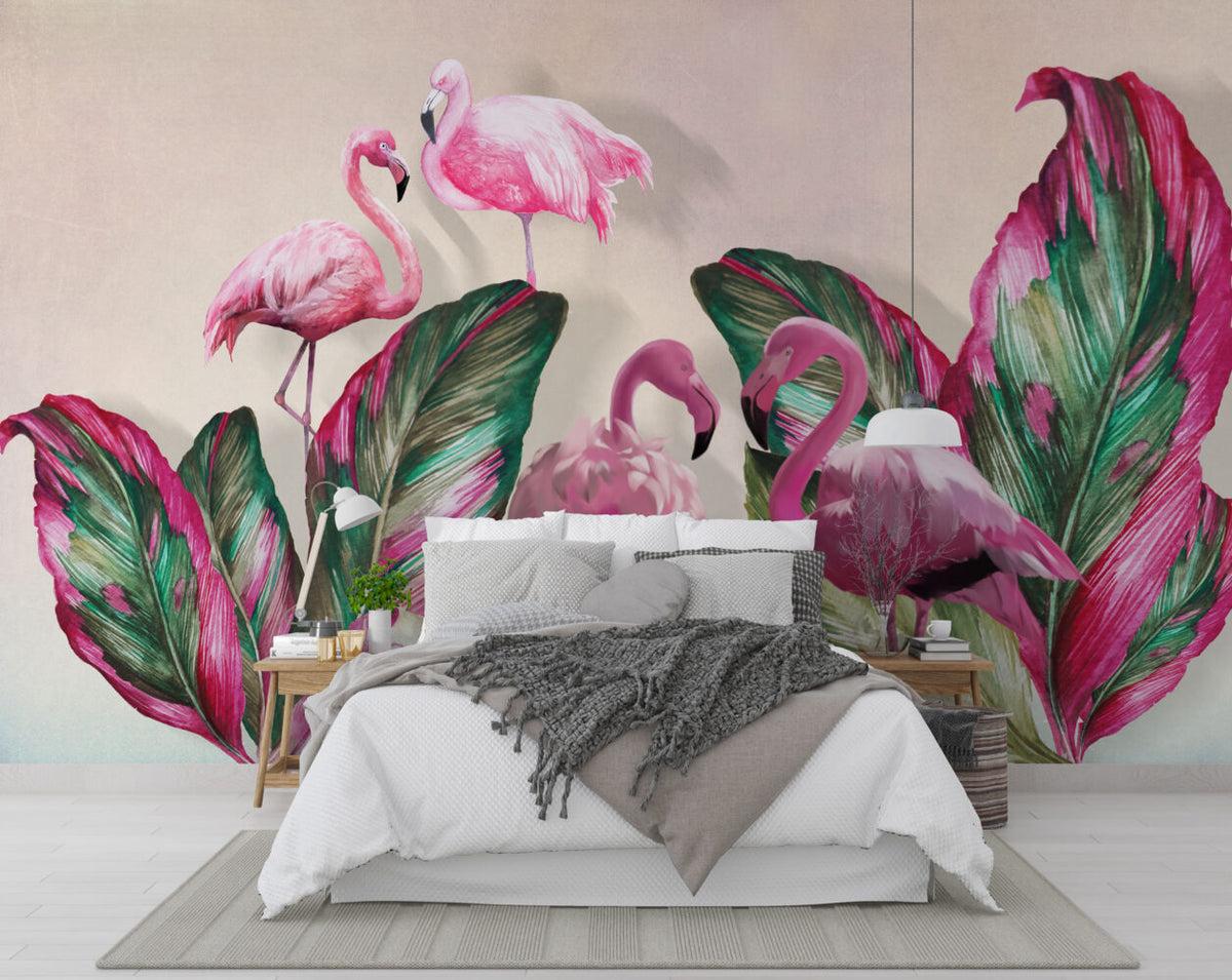 Pink Flamingo Wallpaper : Tropical Leaves Mural - View 3