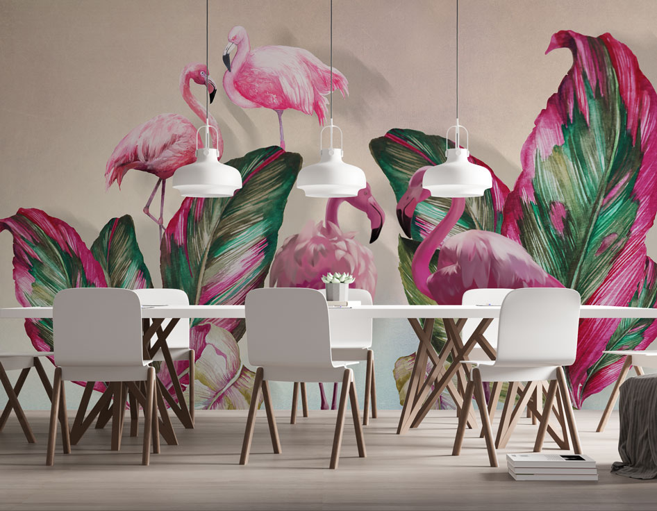 Pink Flamingo Wallpaper : Tropical Leaves Mural - View 4