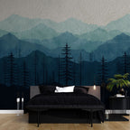 Blue Mountain Forest Wallpaper : Watercolor Pine Silhouette Mural - View 3