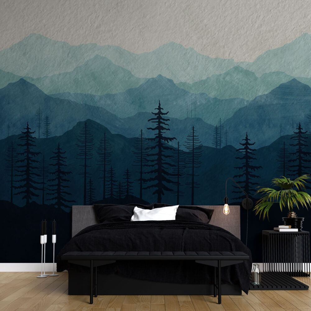 Blue Mountain Forest Wallpaper : Watercolor Pine Silhouette Mural - View 3