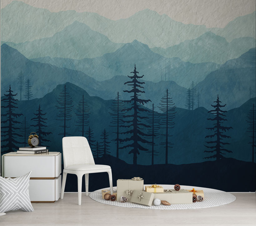 Blue Mountain Forest Wallpaper : Watercolor Pine Silhouette Mural