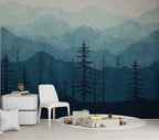 Blue Mountain Forest Wallpaper : Watercolor Pine Silhouette Mural