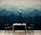 Blue Mountain Forest Wallpaper : Watercolor Pine Silhouette Mural - View 4