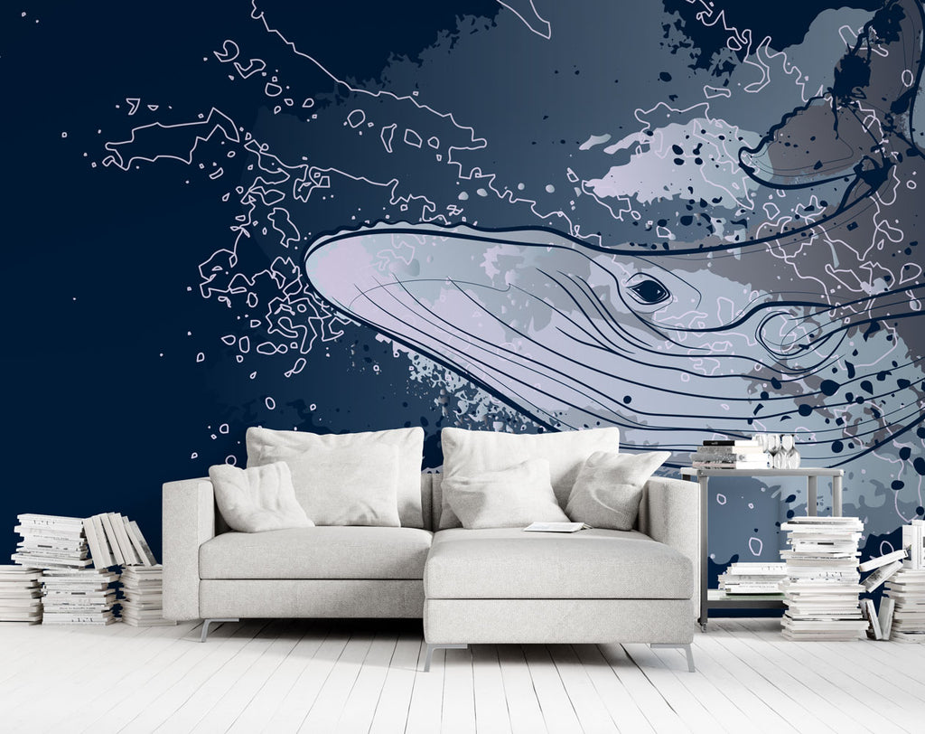 Whale Wallpaper : Navy Graphic Humpback Mural - View 3