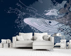 Whale Wallpaper : Navy Graphic Humpback Mural - View 3