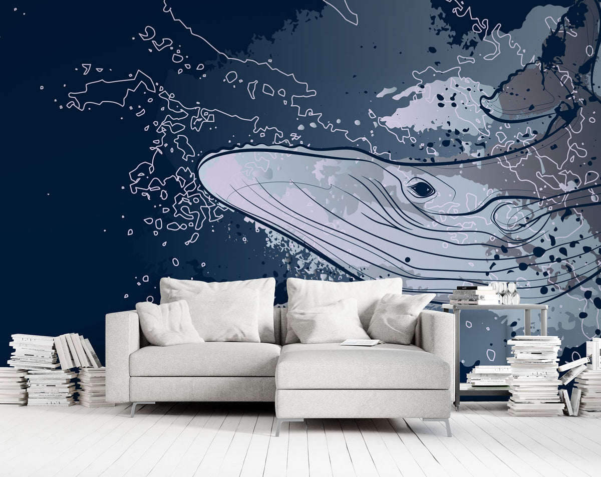 Whale Wallpaper : Navy Graphic Humpback Mural - View 3