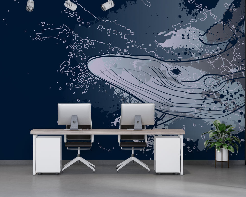 Whale Wallpaper : Navy Graphic Humpback Mural - View 4