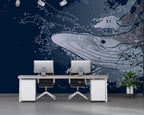 Whale Wallpaper : Navy Graphic Humpback Mural - View 4