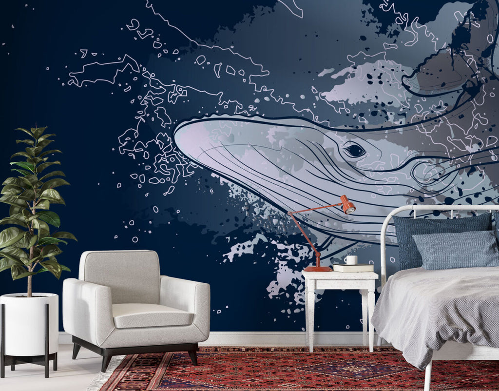 Whale Wallpaper : Navy Graphic Humpback Mural