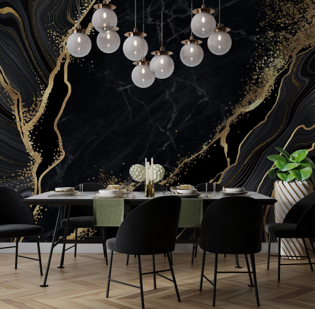 Black Marble Wallpaper : Gold Veined Luxury Mural - View 3