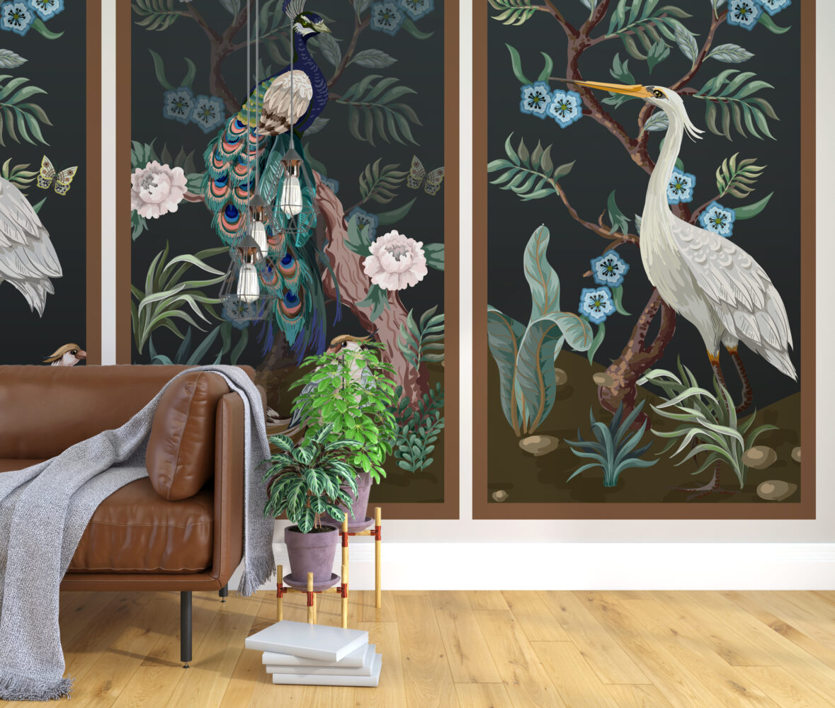 Peacock and Heron Wallpaper : Framed Chinoiserie Panels Mural - View 4