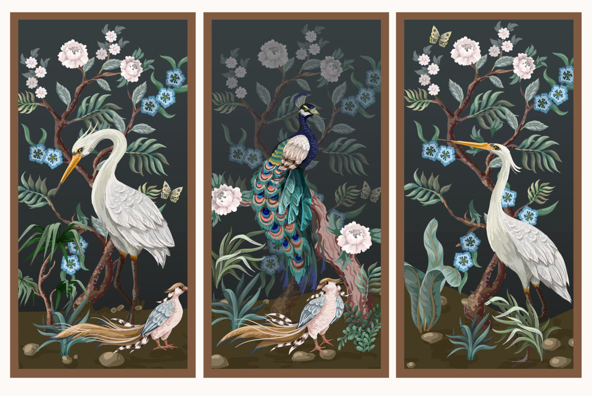 Peacock and Heron Wallpaper : Framed Chinoiserie Panels Mural - View 2