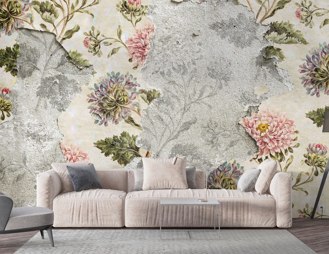 Peeling Wall Floral Wallpaper : Soft Vintage Flowers Mural