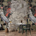 Torn Wall Wallpaper : Birds and Flowers Behind Plaster Mural
